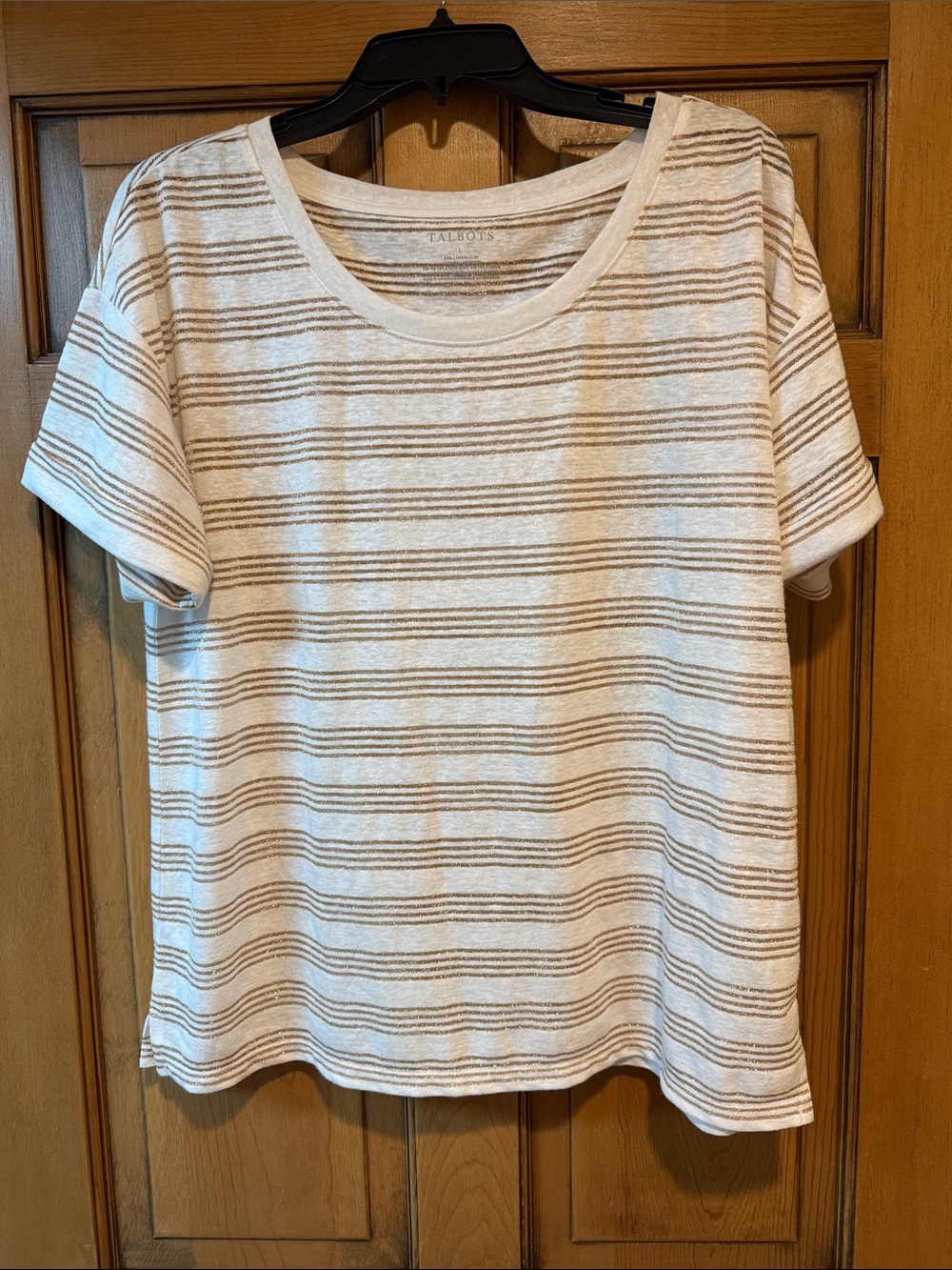 Talbots Cream Striped Short Sleeve Tee with Tan Lines